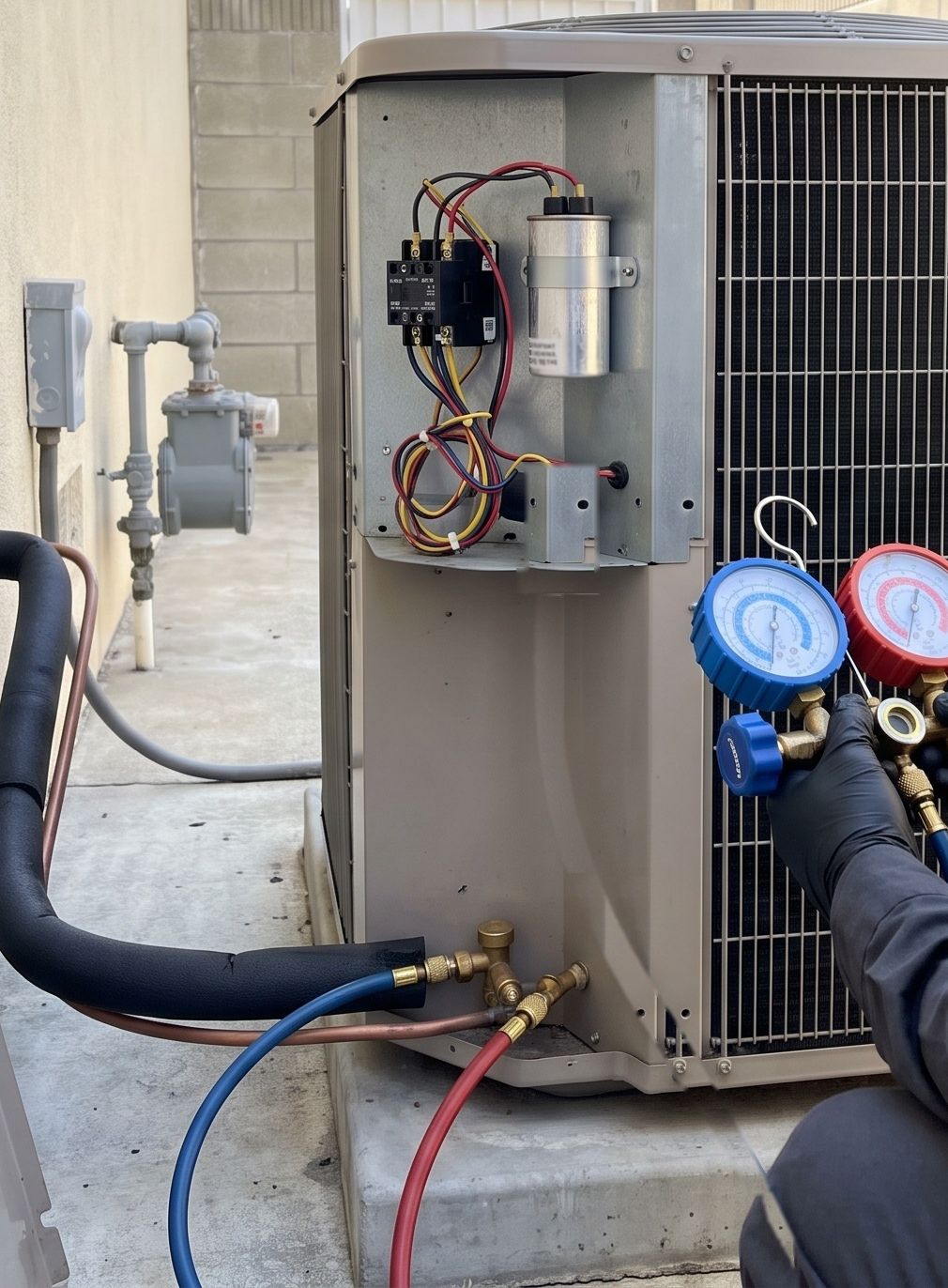 Gloved hands holding a refrigerant gauge set connected to the service valves of an outdoor AC unit, its electrical panel open, in a stucco side yard